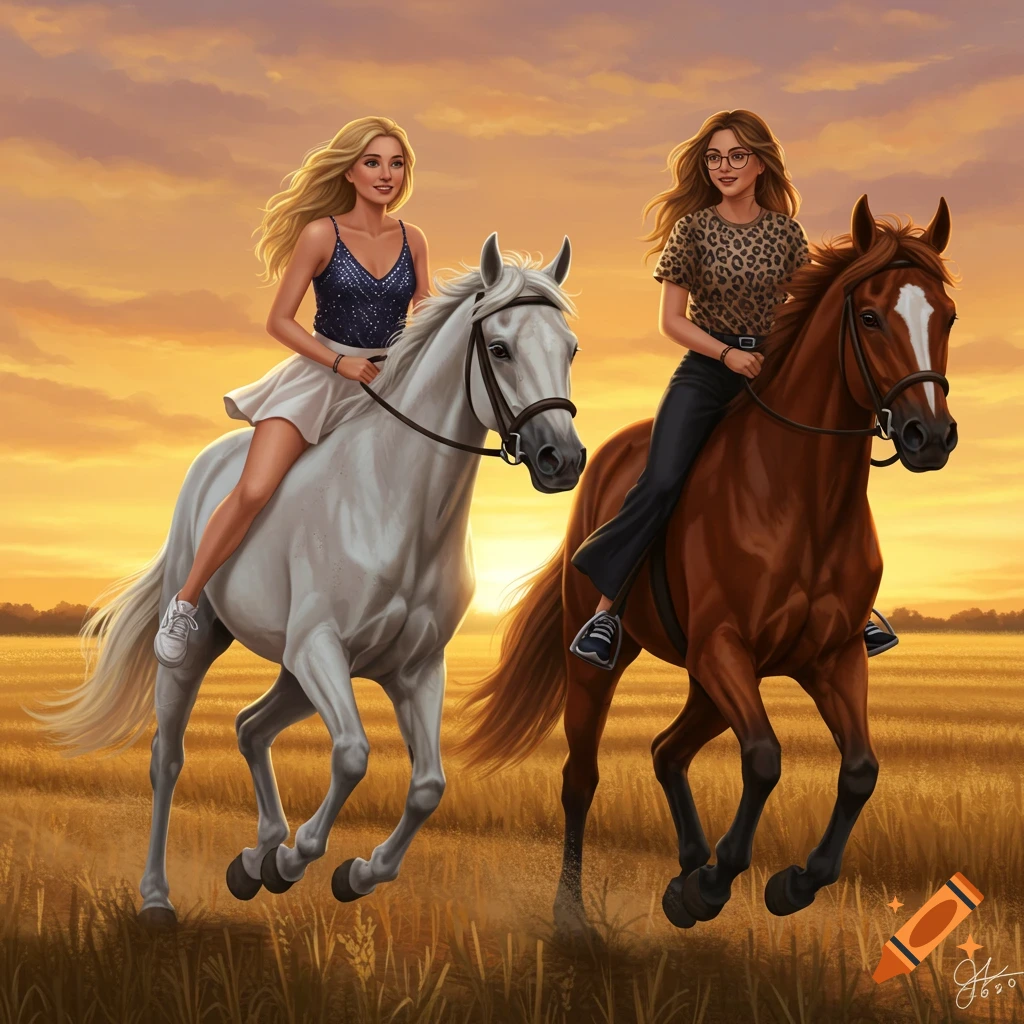 Two women ride a white and a brown horse through a sunlit field at sunset, in an illustrative style.