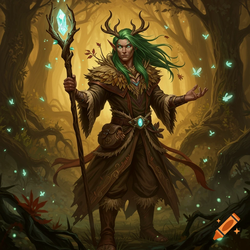 A male half-elf druid with green hair and antlers, holding a glowing staff in an enchanted forest with luminous butterflies.