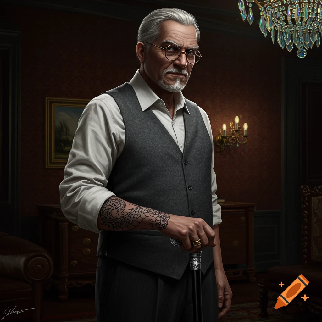 A photorealistic portrait of a stern old man with gray hair, glasses, a white shirt, gray vest, and a dragon tattoo, holding a cane in a luxurious room.