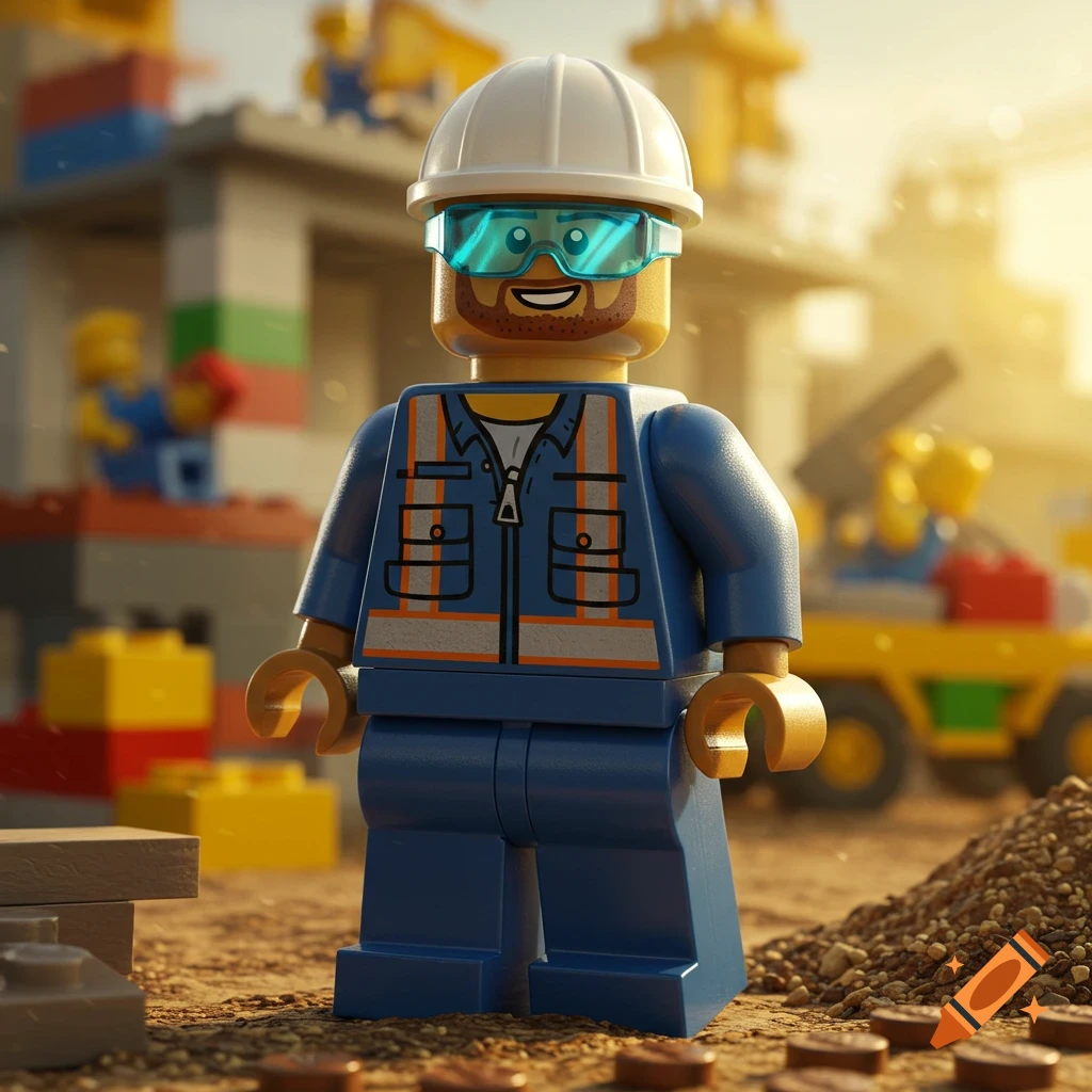 A photorealistic Lego construction worker minifigure in a white hard hat and blue safety glasses stands on a dirt ground at a sunny construction site.