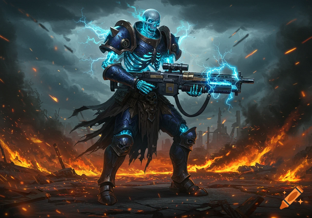 A heavily armored, glowing blue skeleton warrior holds a powerful gauss rifle in a fiery, apocalyptic wasteland under a stormy sky.