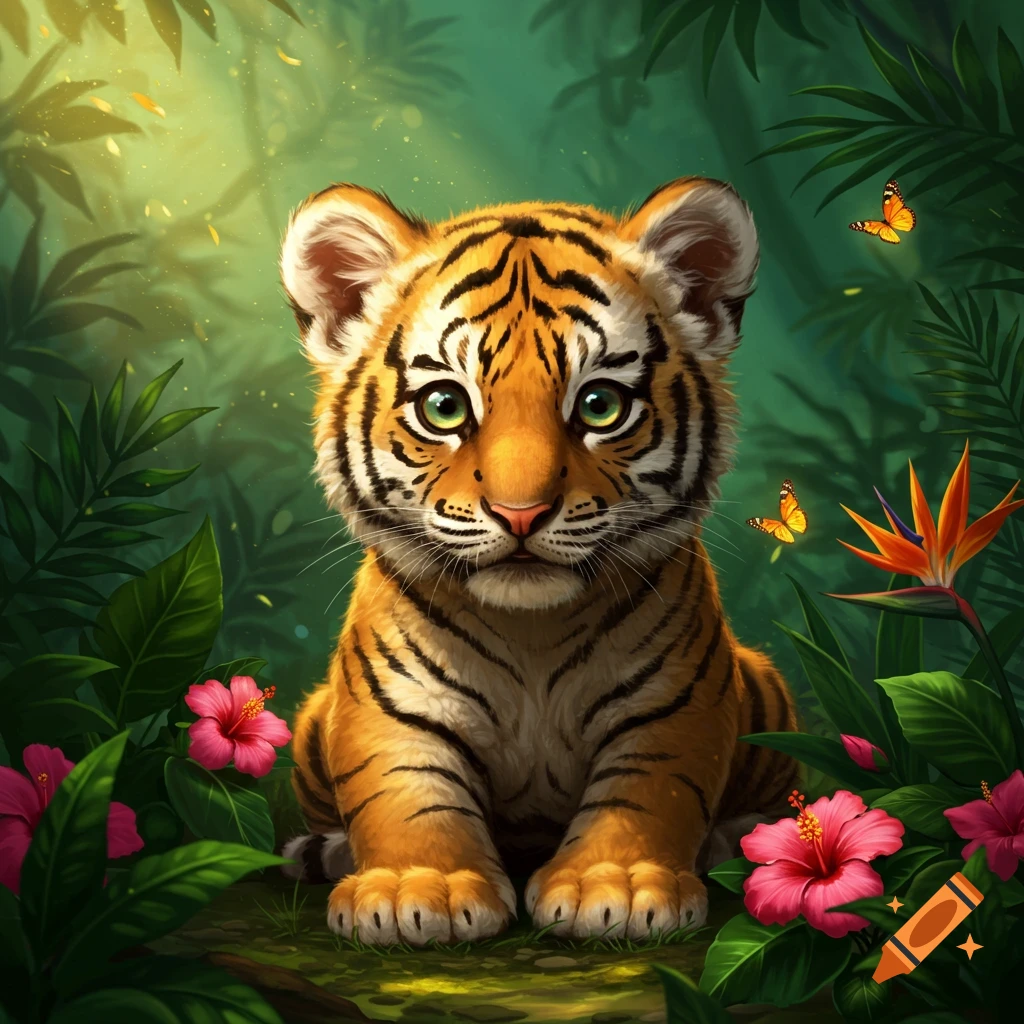 A cute, stylized baby tiger with large green eyes sits among lush green jungle plants with pink hibiscus flowers and butterflies.