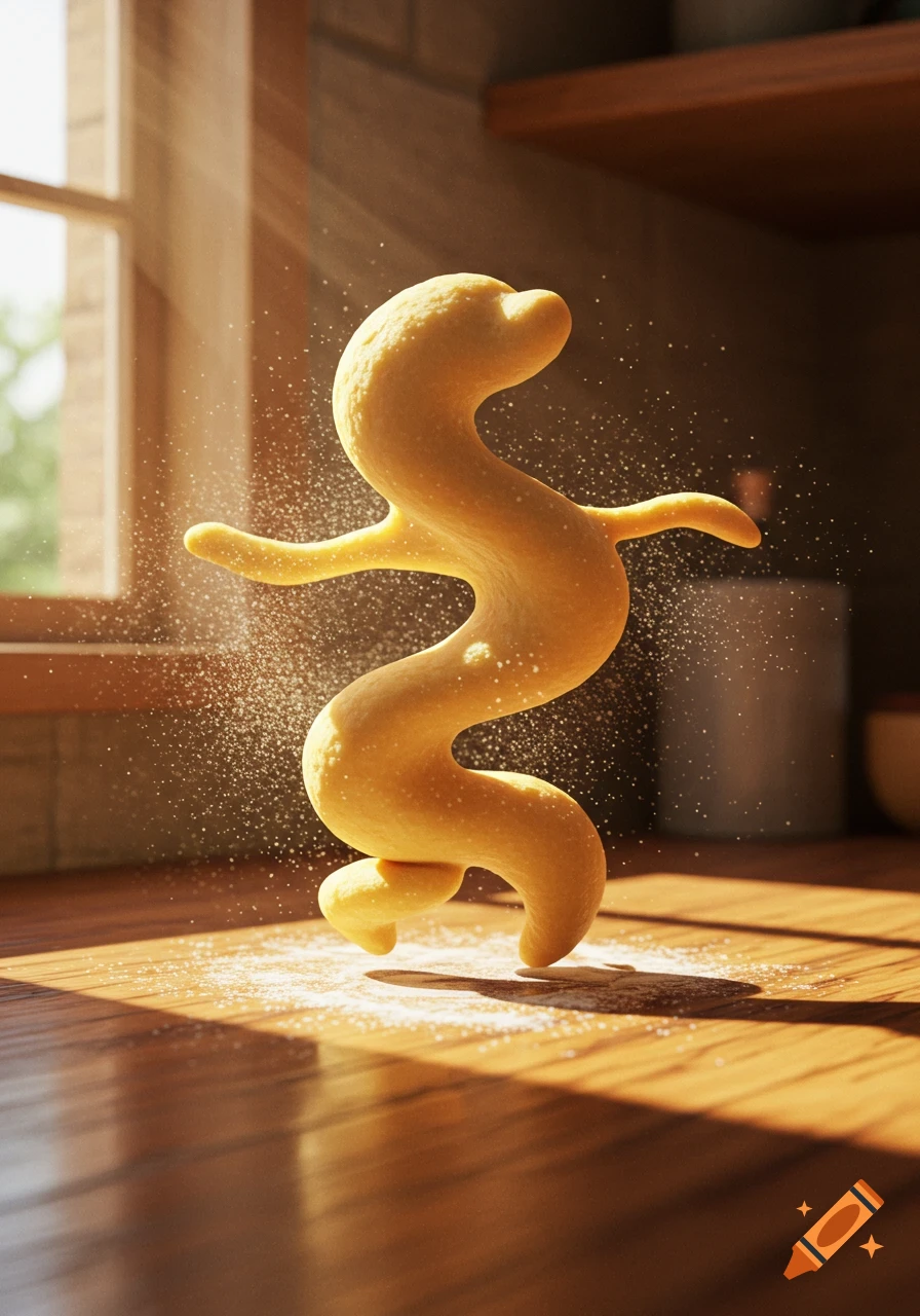 A golden, S-shaped dough figure dancing on a sunlit wooden kitchen counter with flour dust. Photorealistic.