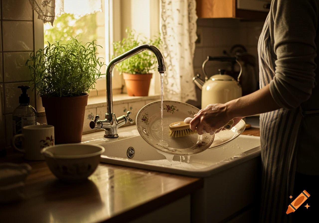 A person in an apron washes dishes in a kitchen sink, with plants on the windowsill, in a photorealistic style.