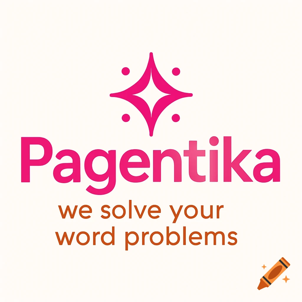 A bright pink and orange logo for Pagentika with a sparkle symbol and tagline 'we solve your word problems' on a white background.