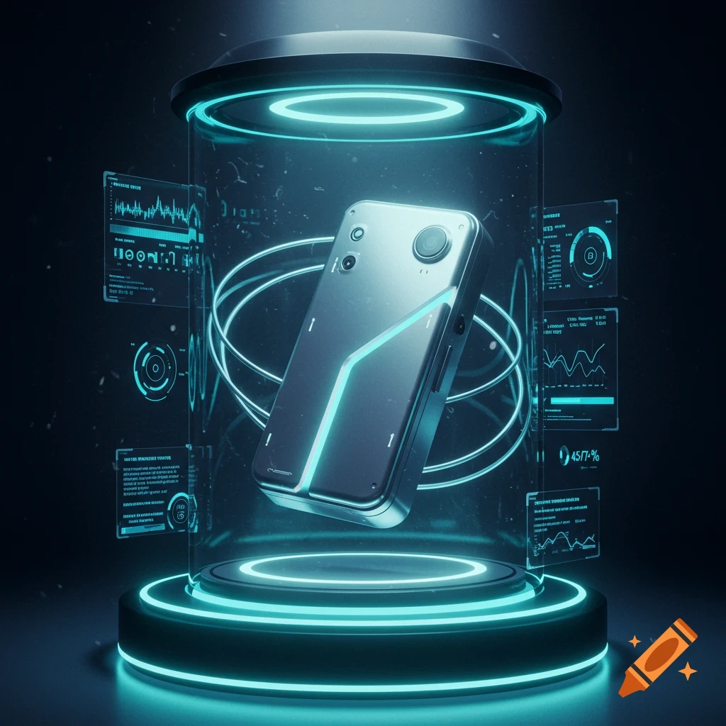 A futuristic smartphone floats in a glowing glass cylinder, surrounded by holographic data screens with blue light.