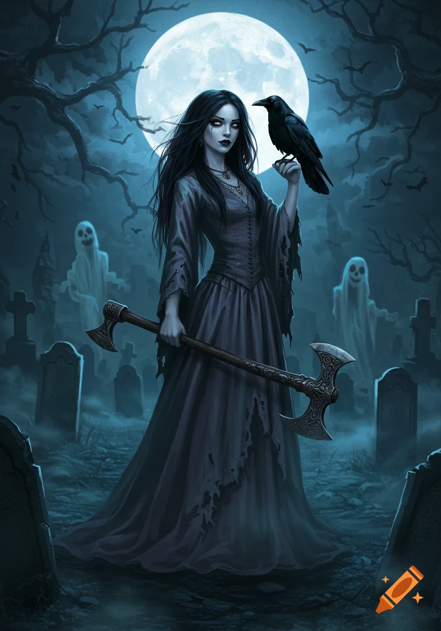 A gothic woman with long black hair, holding an axe, stands in a misty graveyard with ghosts under a full moon and a crow on her hand.