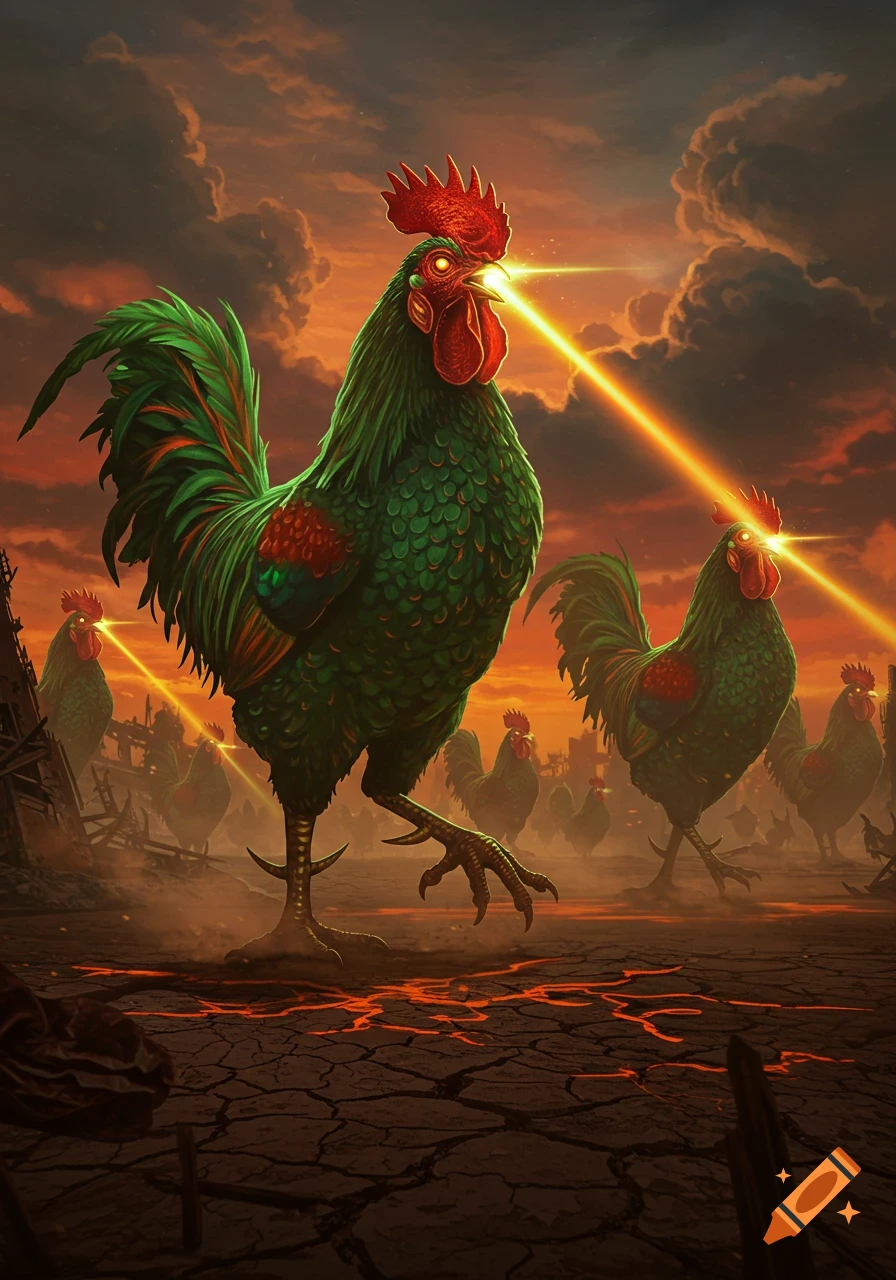Giant green roosters with glowing red eyes shoot orange lasers from their mouths, invading a cracked, fiery landscape under a stormy sky.