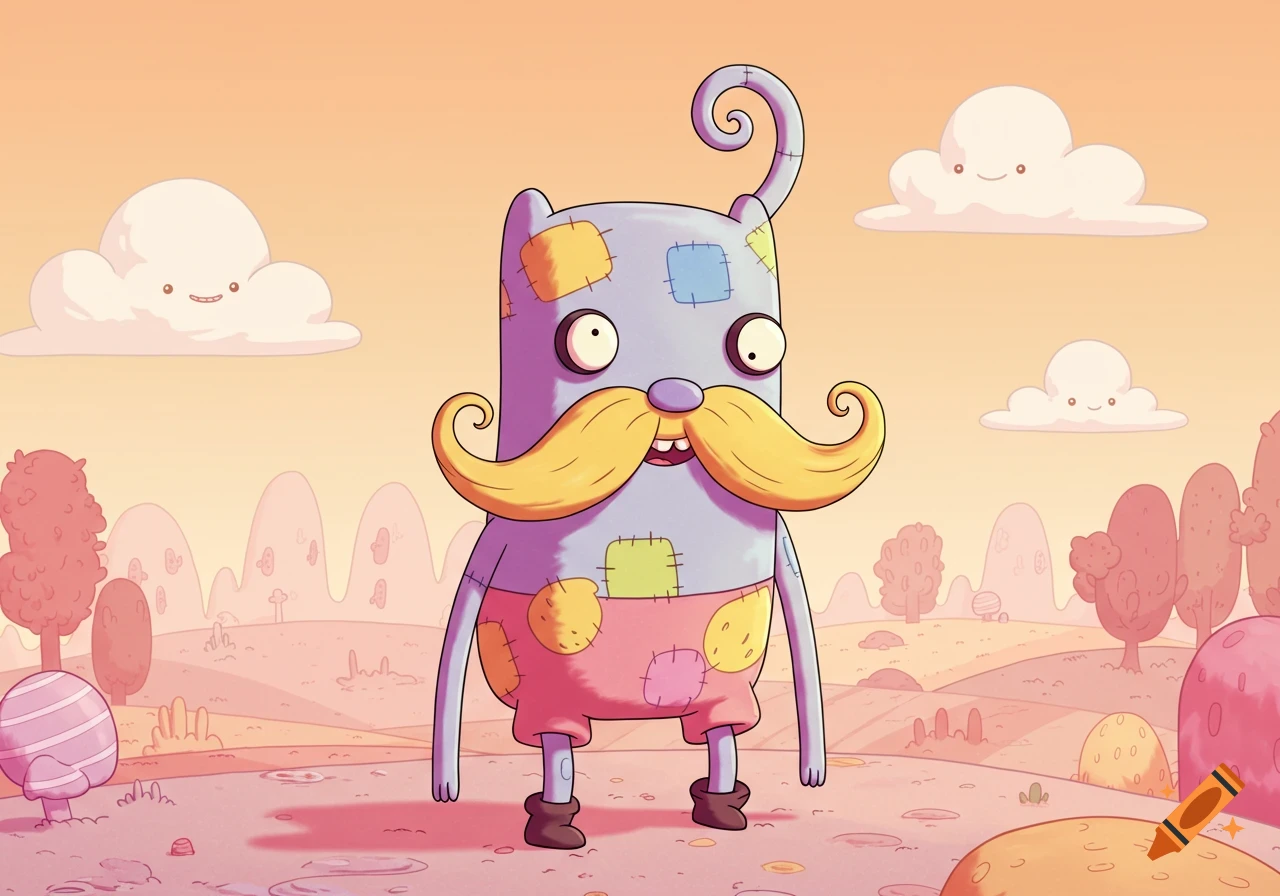 A purple, rectangular cartoon character with a large yellow mustache, patches, and small boots stands in a whimsical pink and orange landscape with smiling clouds, in Adventure Time style.