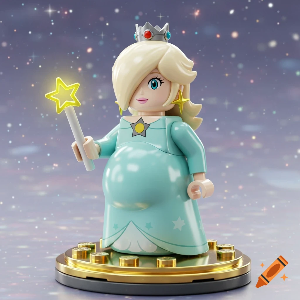 A pregnant Lego Rosalina minifigure from Mario Galaxy stands on a gold base, holding a glowing star wand against a starry sky.