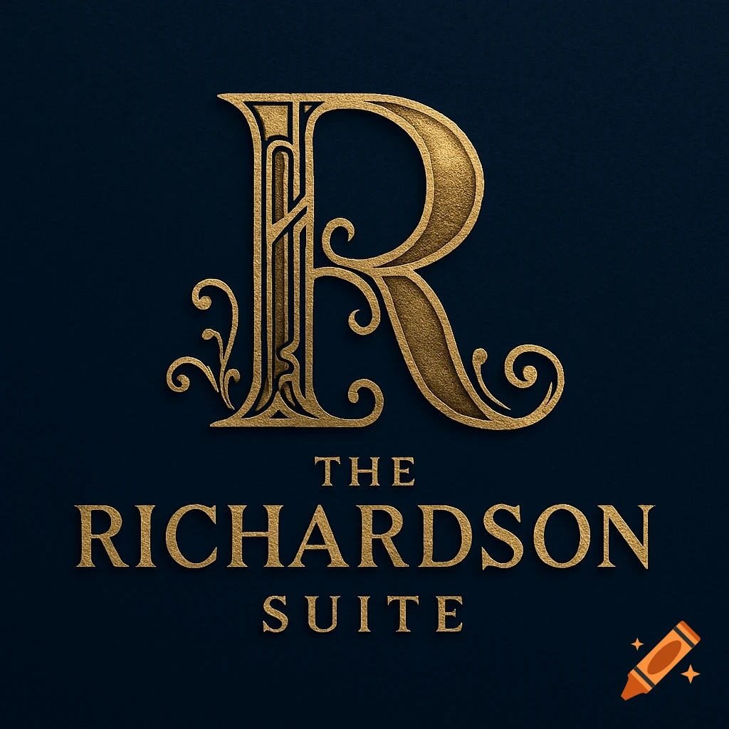 Ornate gold initial R above 'THE RICHARDSON SUITE' text on a dark blue background, in an elegant style.