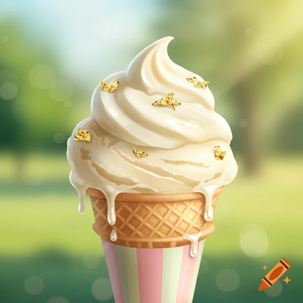 A melting vanilla soft-serve ice cream cone topped with gold flakes, set against a blurred green outdoor background.