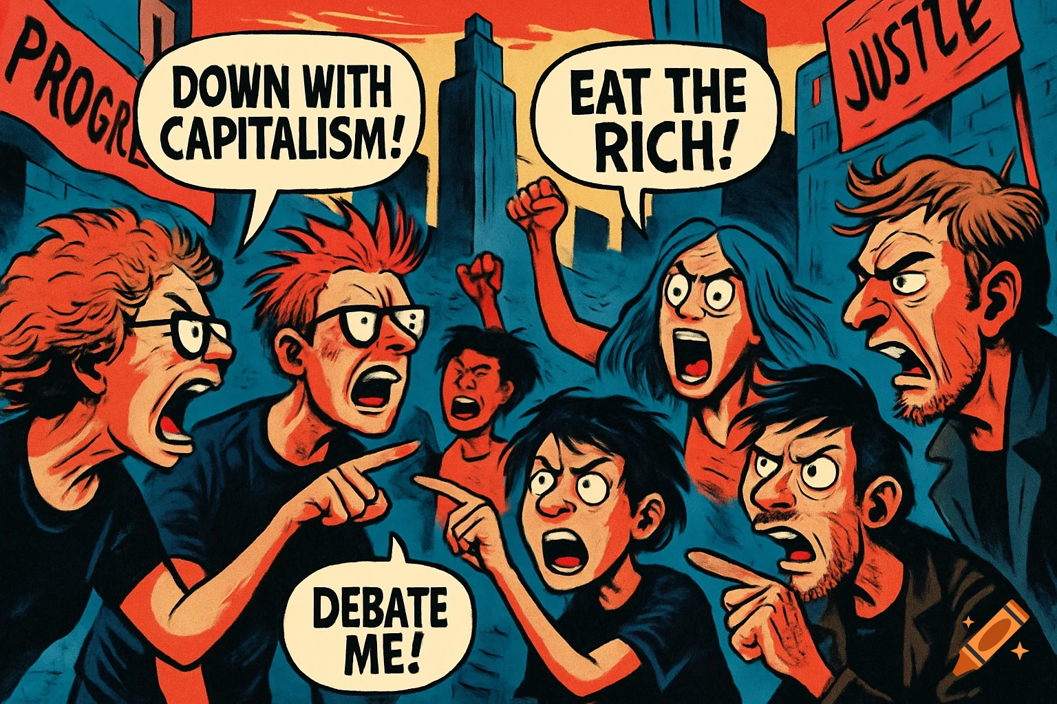 A cartoon caricature of an angry political protest with people shouting slogans like 'Down with Capitalism!' and 'Eat the Rich!'.
