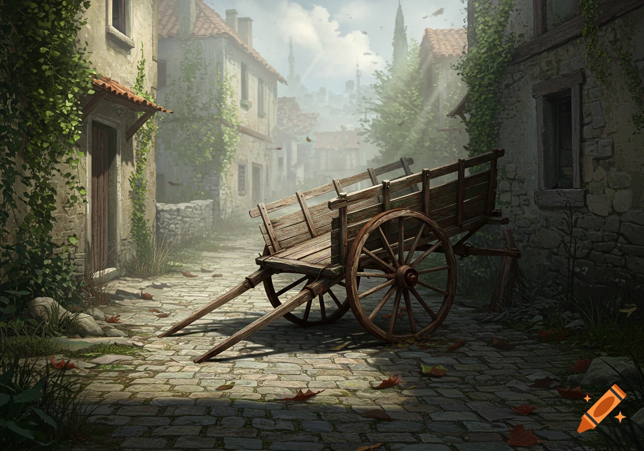 An old, abandoned wooden cart sits on a cobblestone road in a misty, vine-covered village alley, lit by soft sunlight.