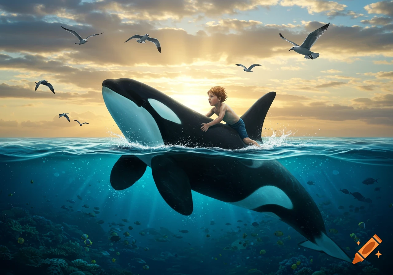 A young boy rides on the back of an orca in the ocean at sunset, with coral reefs and fish underwater and seagulls flying above.