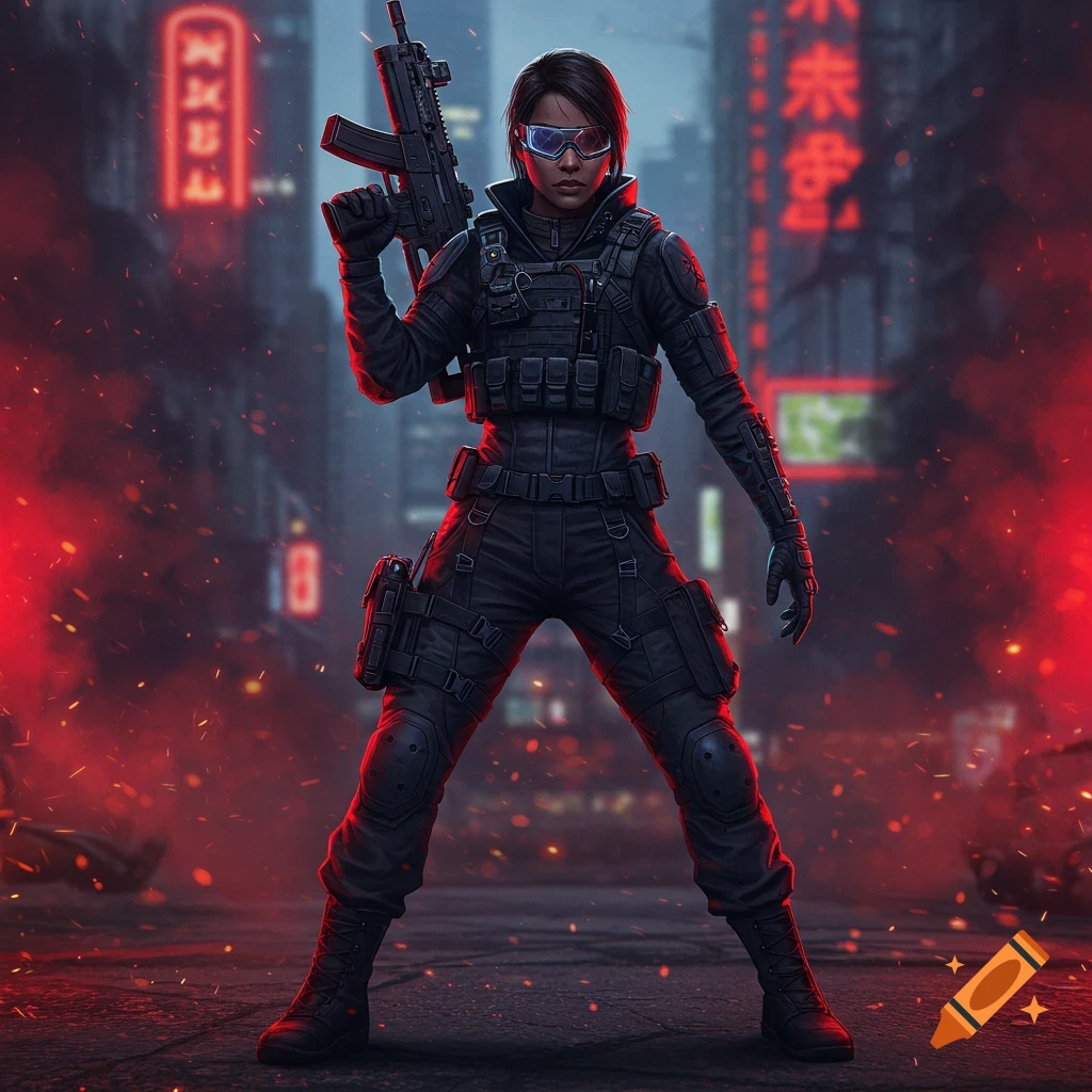 Photorealistic image of a female mercenary in tactical gear holding a rifle in a neon-lit, red-hued cyberpunk city at night.