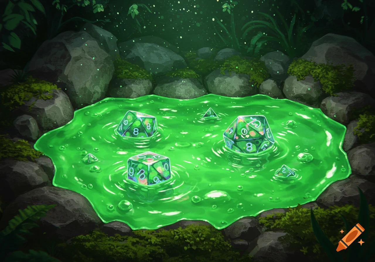 Vivid illustration of several polyhedral dice floating in a glowing green slime pool amidst mossy rocks and dark foliage.
