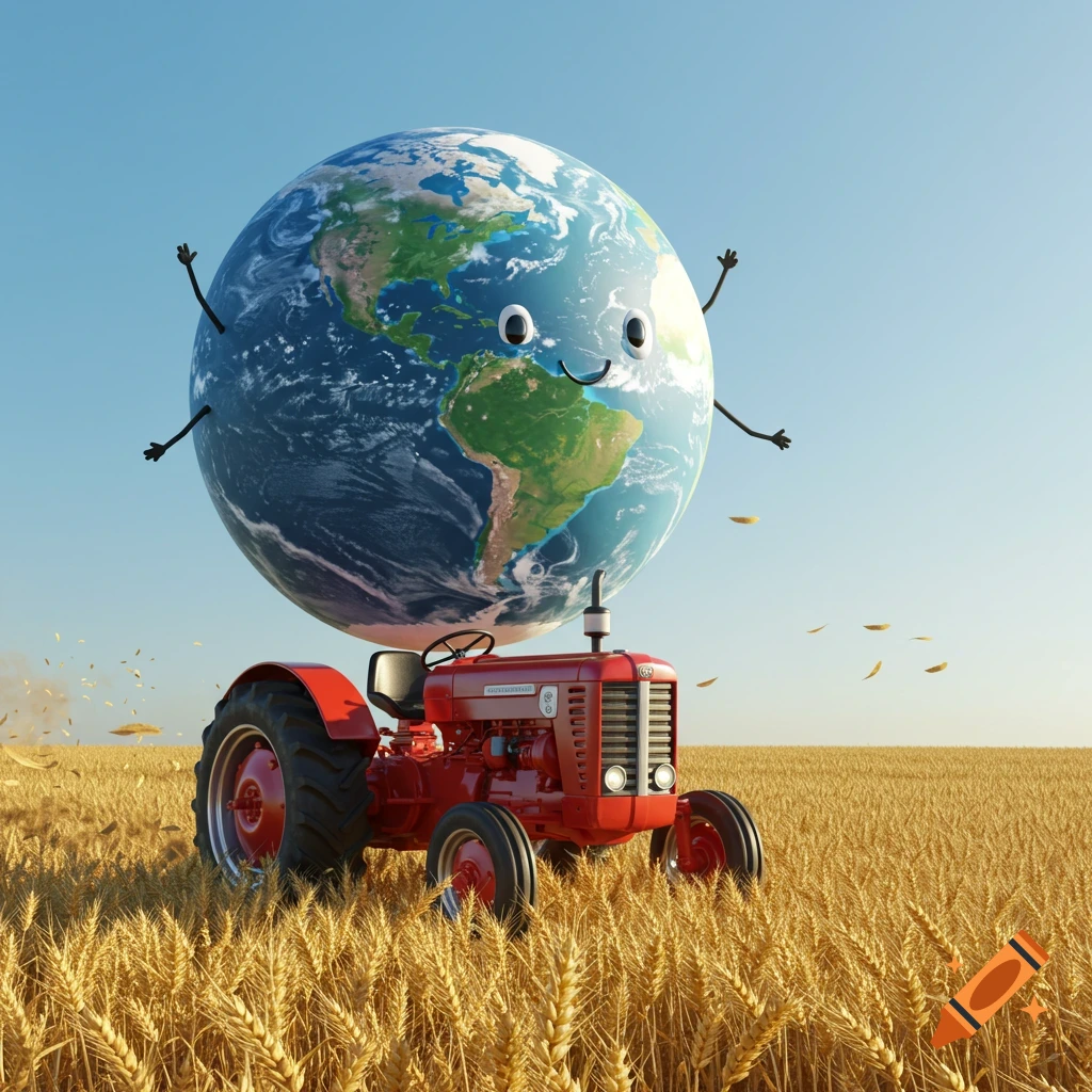 A smiling cartoon Earth with arms and legs rides a red vintage tractor through a golden wheat field under a blue sky.