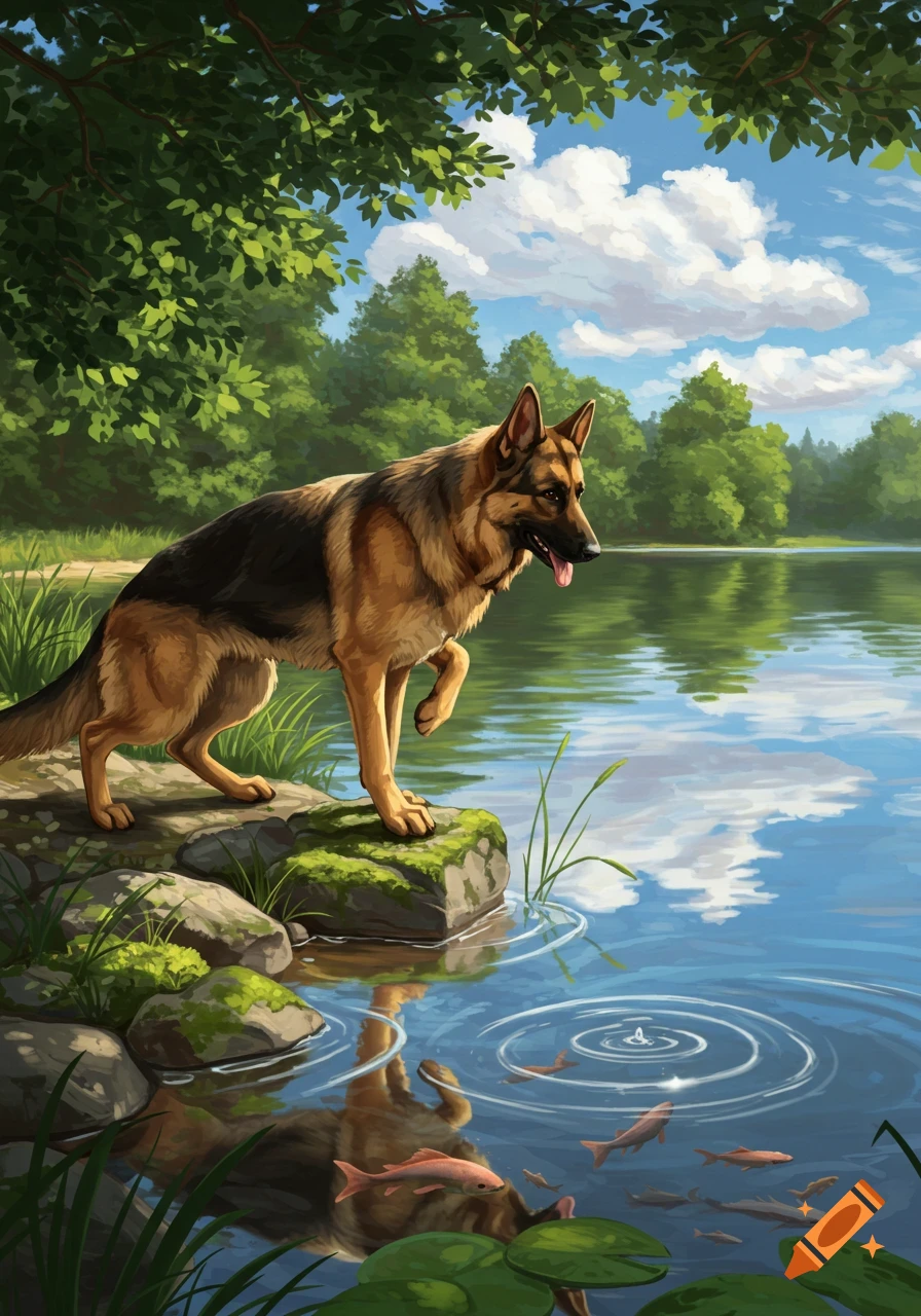 A detailed illustration of a German Shepherd on mossy rocks by a lake, observing fish in clear water under a blue sky with clouds and green trees.