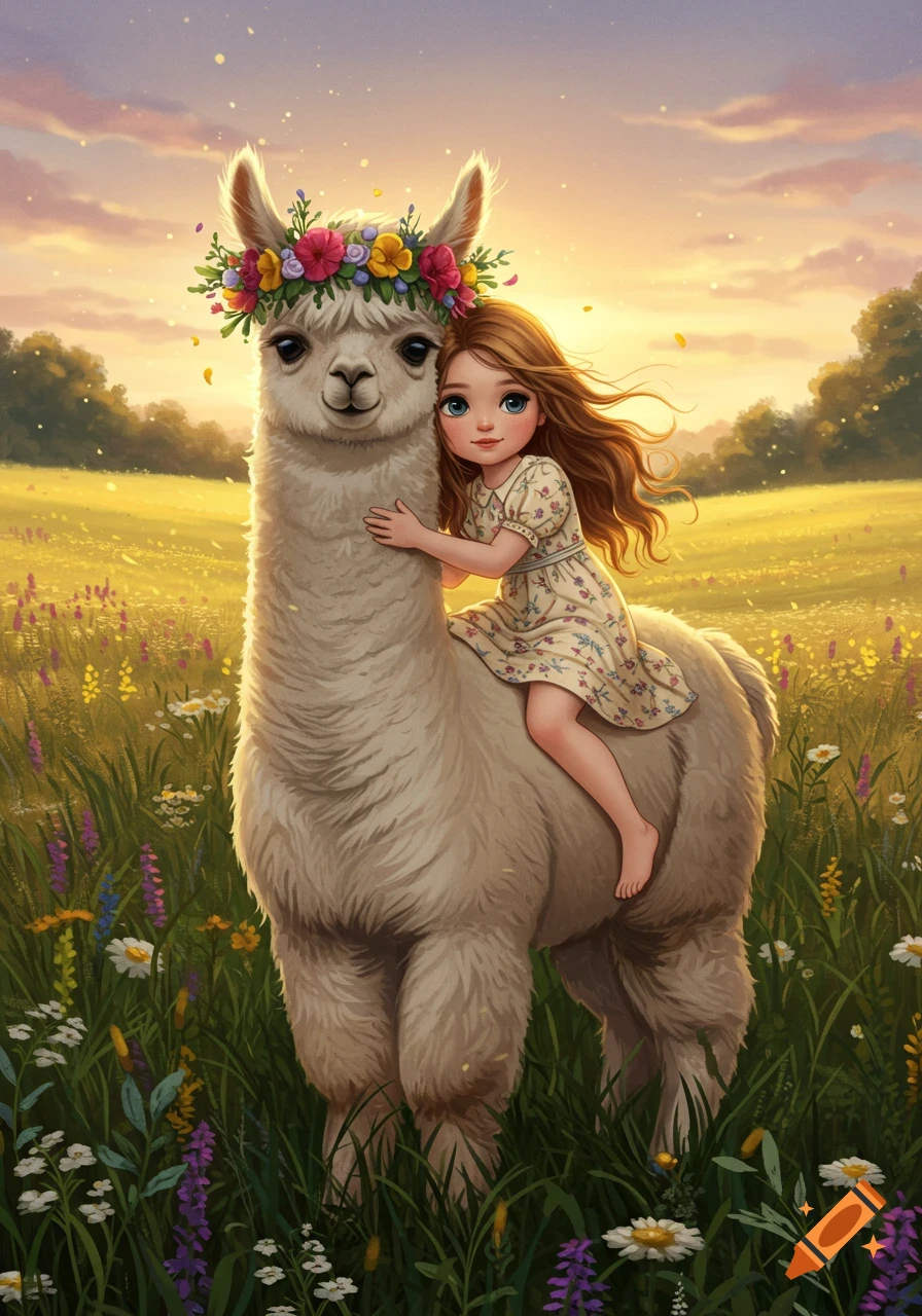 A cute girl rides a white alpaca with a flower wreath, hugging its neck in a vibrant, dreamlike meadow at sunset. Digital painting.