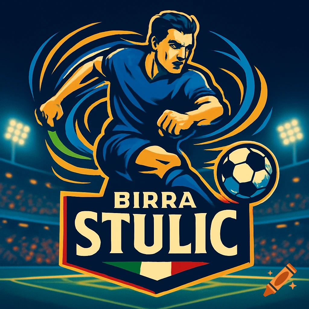 Stylized graphic logo for 'Birra Stulic' with a soccer player kicking a ball in a stadium.