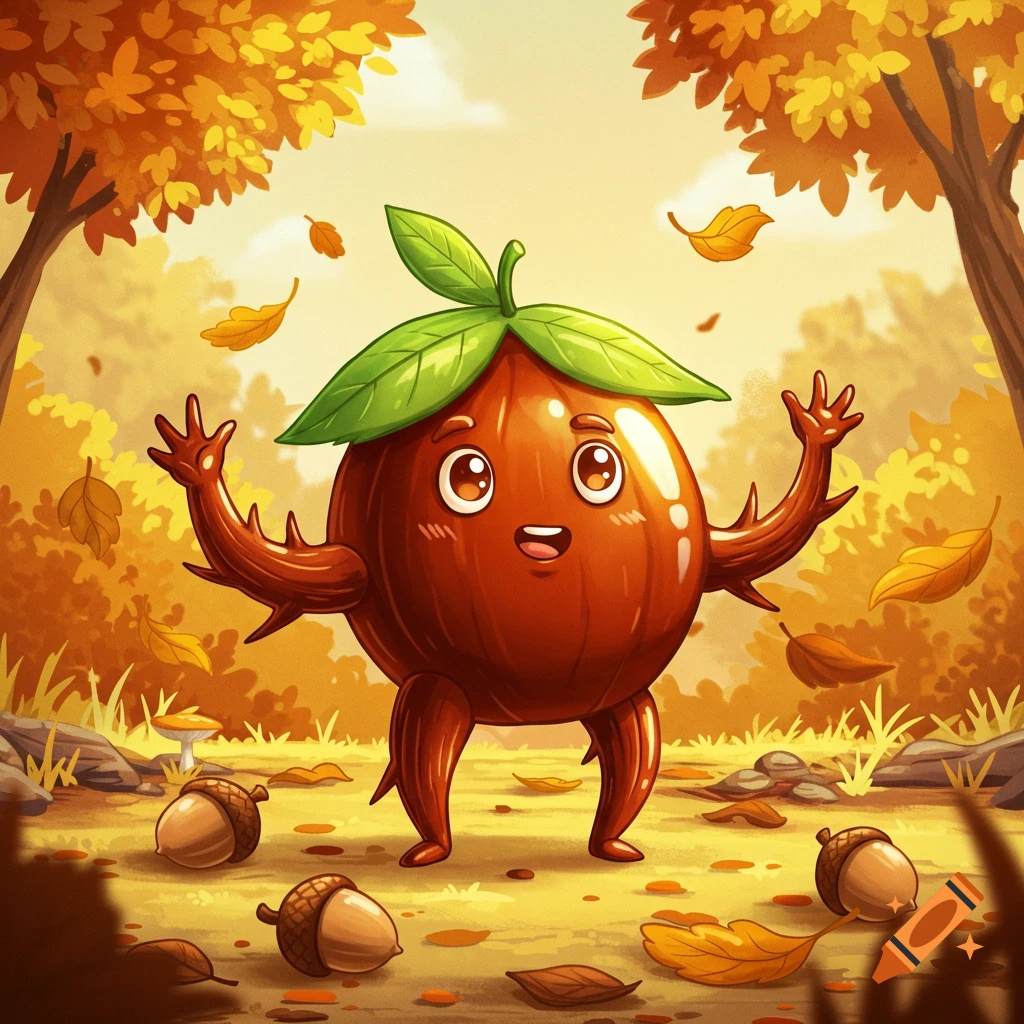 A happy cartoon chestnut character with branch limbs and a leaf hat stands in an autumn forest with falling leaves.