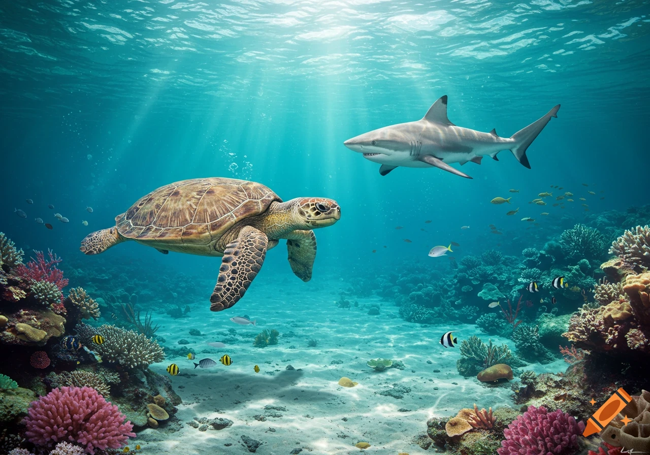 Photorealistic image of a sea turtle swimming alongside a shark over a vibrant coral reef, with sun rays piercing the turquoise water.