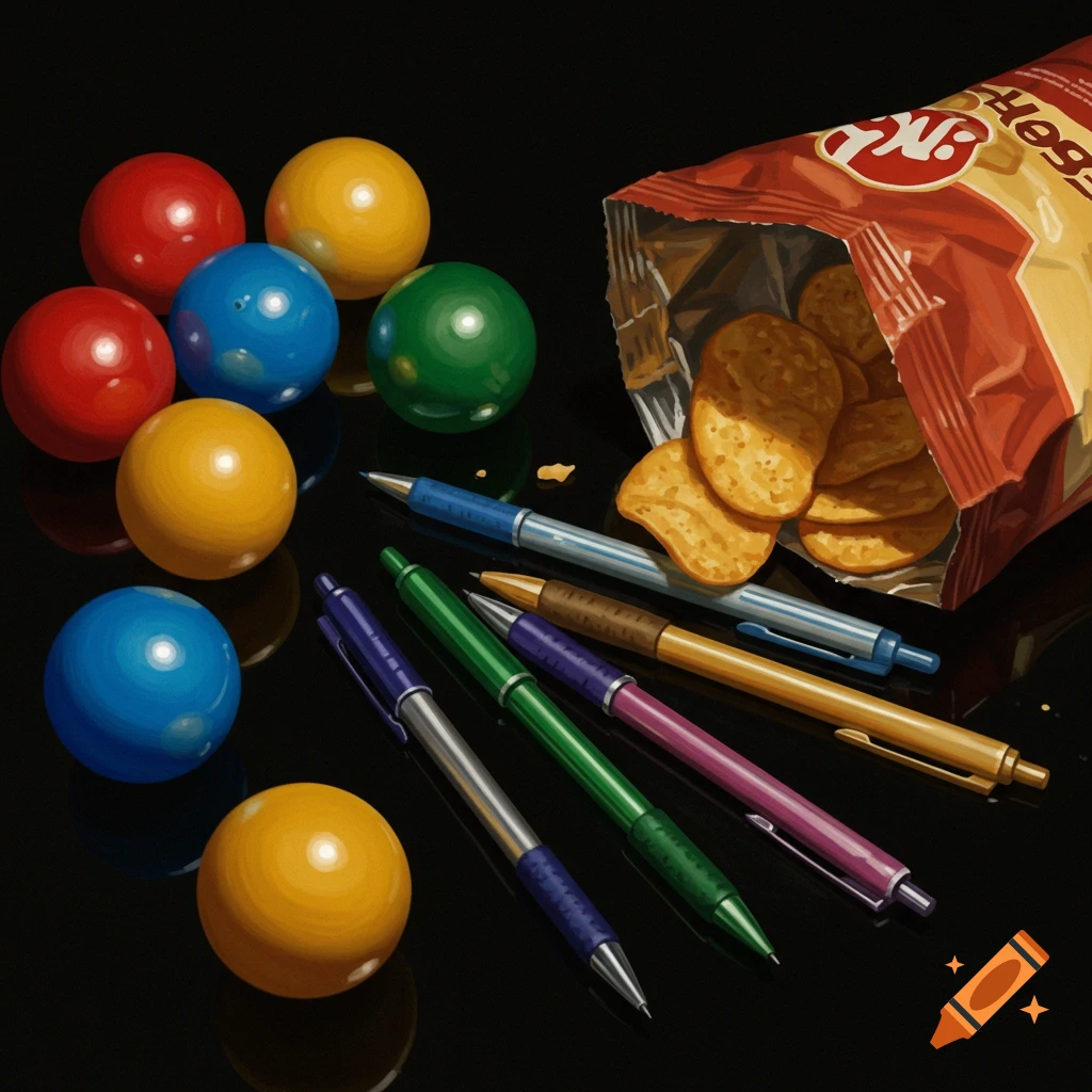 A realistic still life of colorful spheres, several pens, and an open bag of potato chips spilling onto a dark surface.