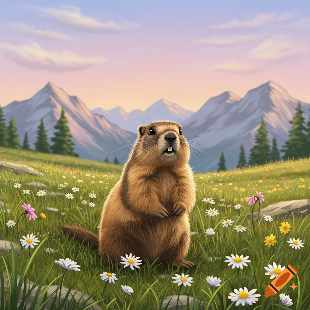 An illustrated marmot stands in a flower-filled meadow with mountains in the background under a pastel sky.