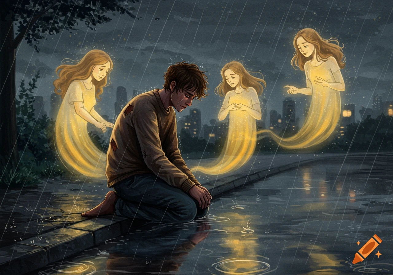 Illustrated scene of a sad man kneeling in the rain, crying, surrounded by glowing, translucent visions of a woman.
