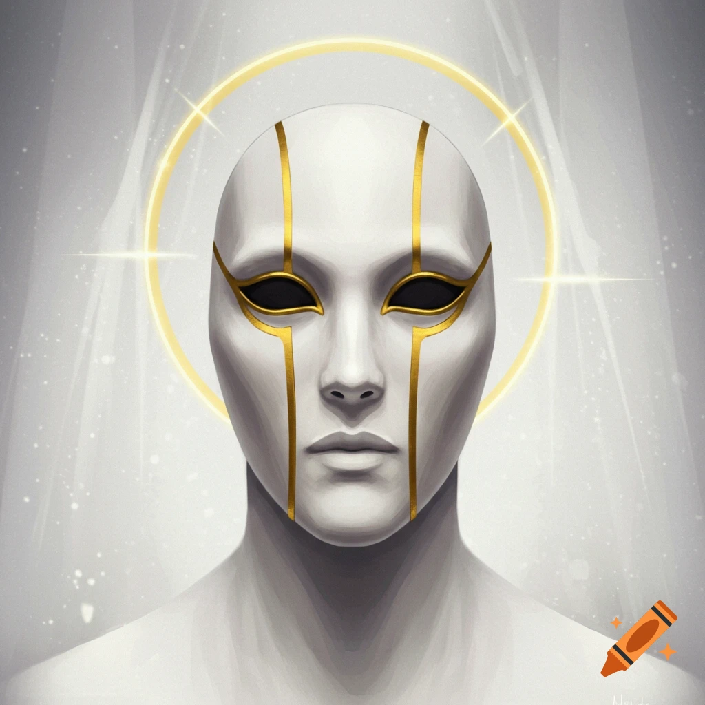 A stylized white mask with black eyes and gold lines, featuring a glowing golden halo, against a light gray background.