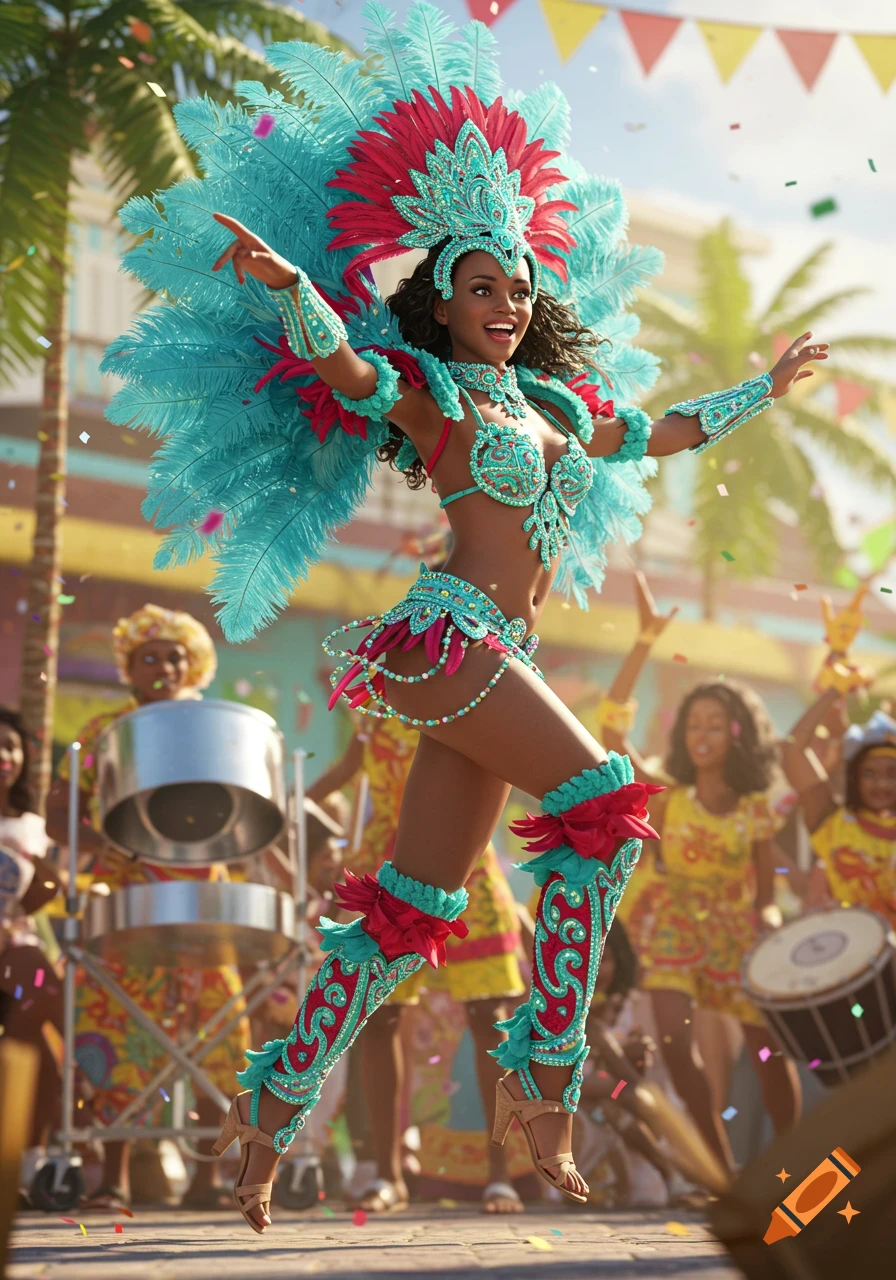 A joyful woman in a vibrant turquoise and red carnival costume with feathers dances amidst confetti during a daytime festival.