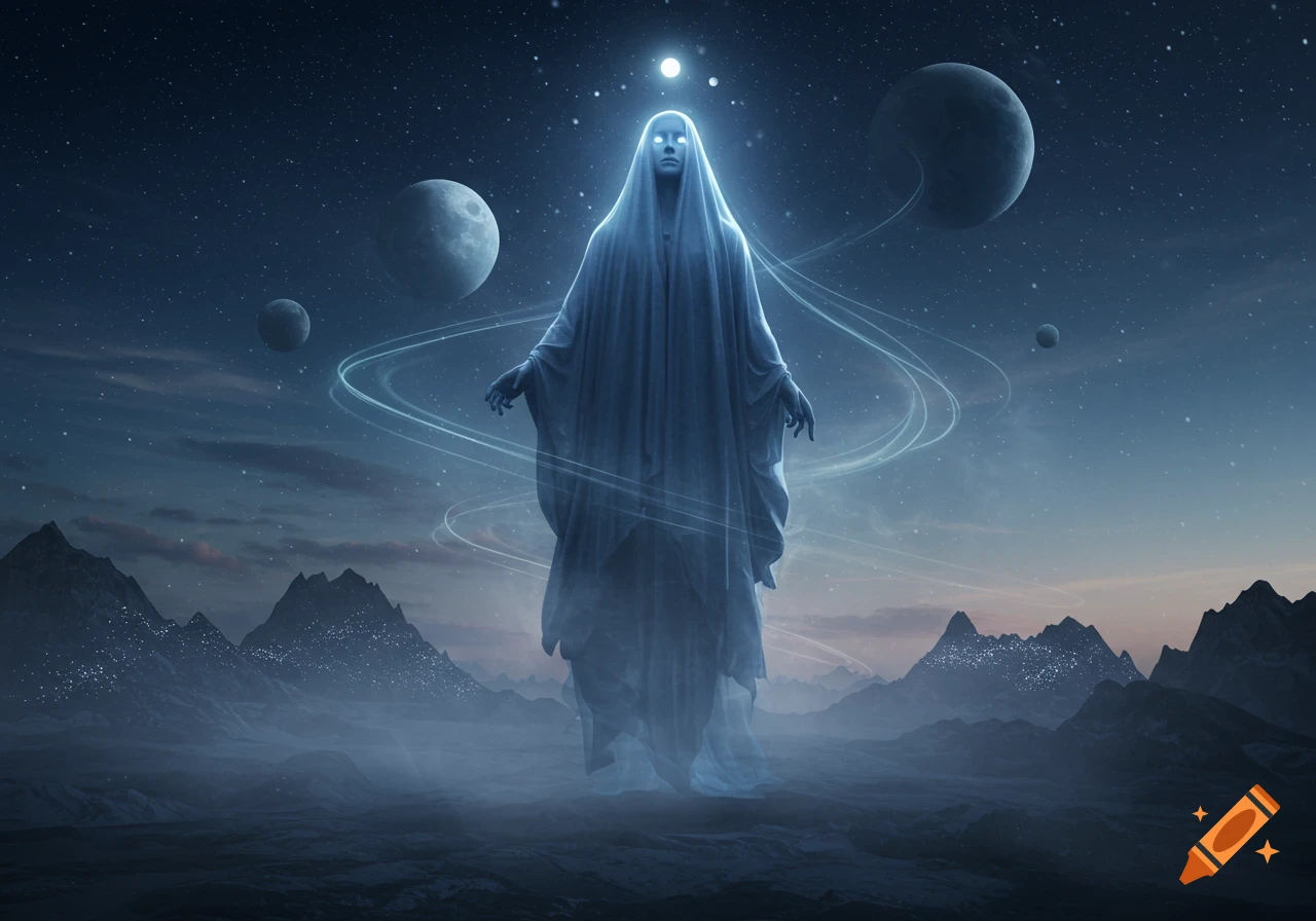 An ethereal, glowing robed figure with glowing eyes stands on a dark, rocky ground under a starry sky with planets.