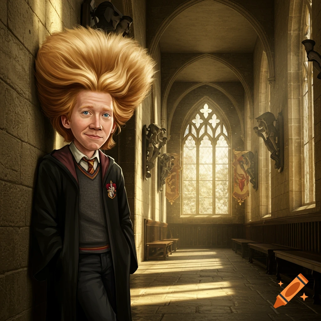 Caricature of Ron Weasley with exaggerated blonde hair, wearing Hogwarts robes, leaning against a stone wall in a sunlit corridor.
