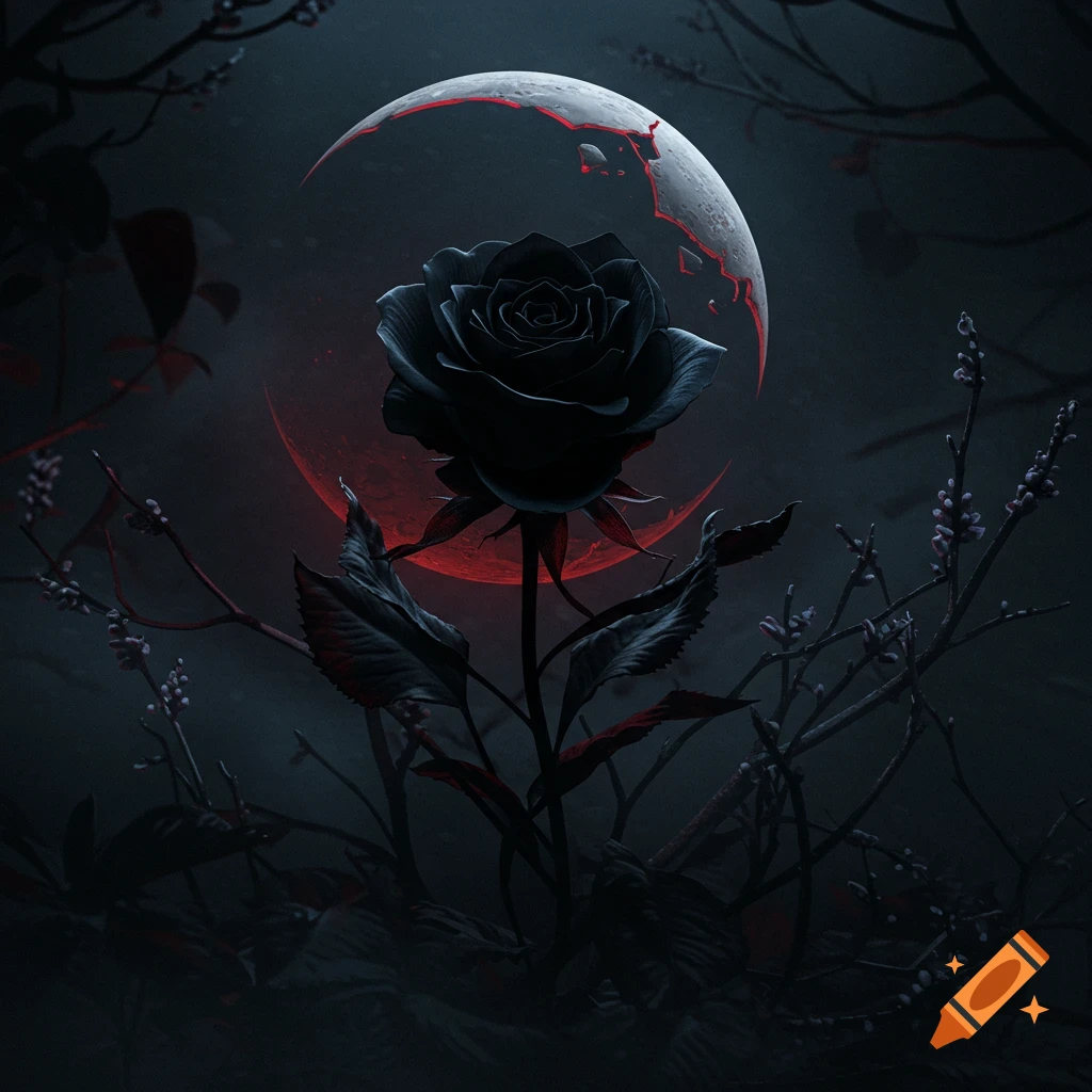 A detailed black rose stands against a dark, misty background with a broken, glowing red crescent moon, in a gothic dark fantasy style.
