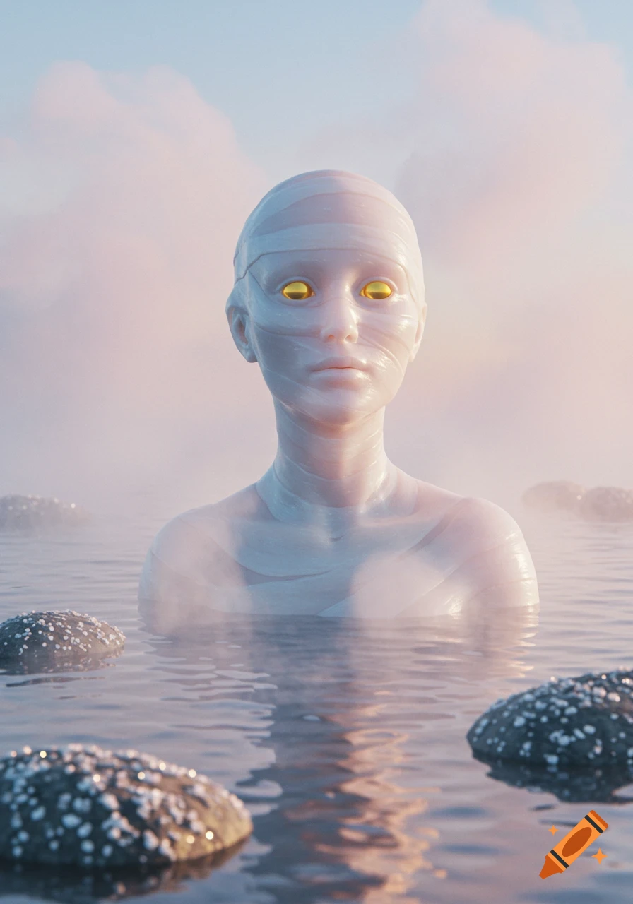 Ethereal mummy-like figure with golden eyes emerging from misty water with rocks under a pastel sky, digital art.