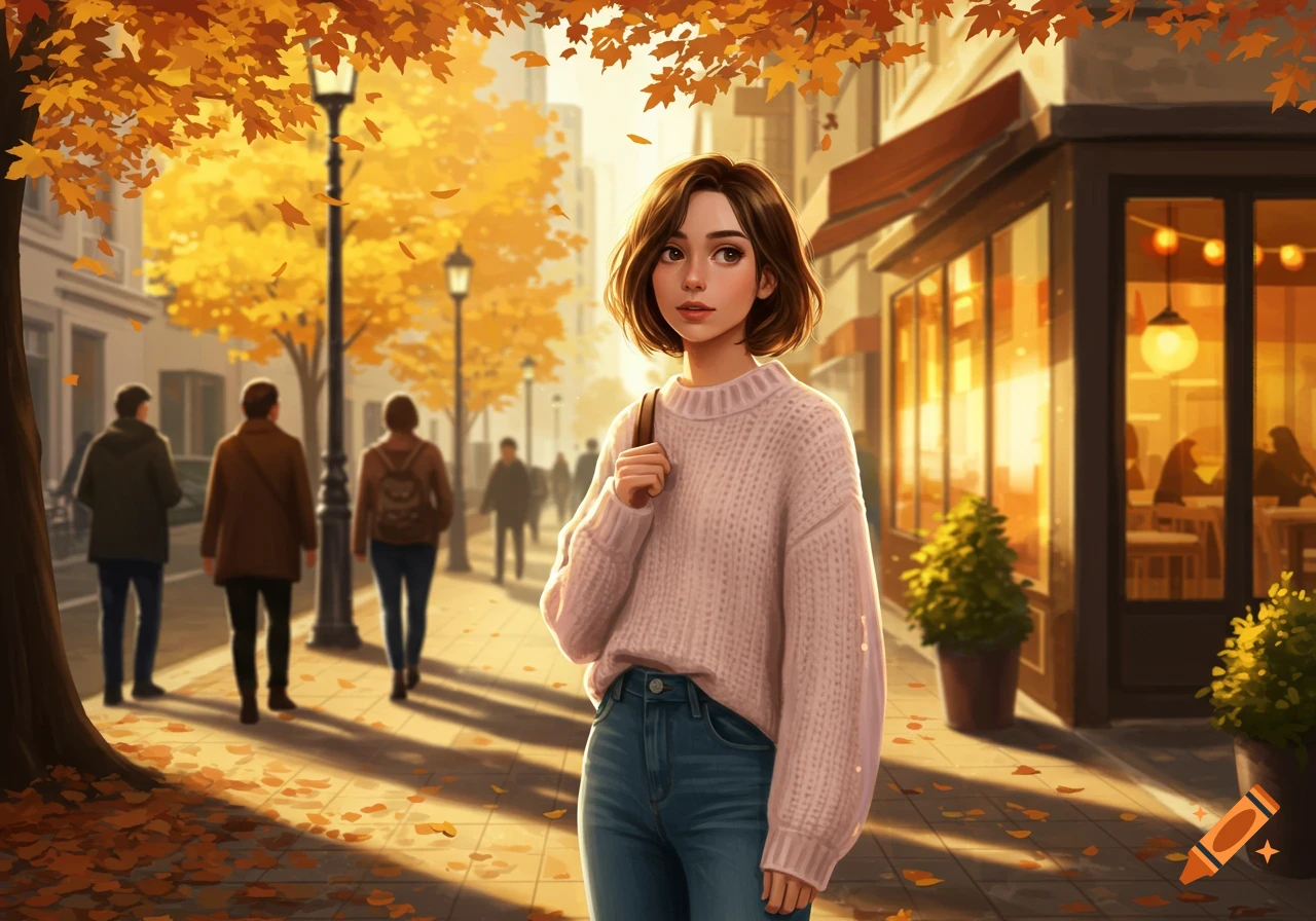 An illustrated young woman in a pink sweater and jeans walks down an autumn city street with golden trees.