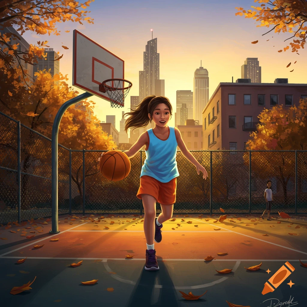 An illustrated young girl dribbles a basketball on an outdoor court filled with autumn leaves, city skyline at sunset.