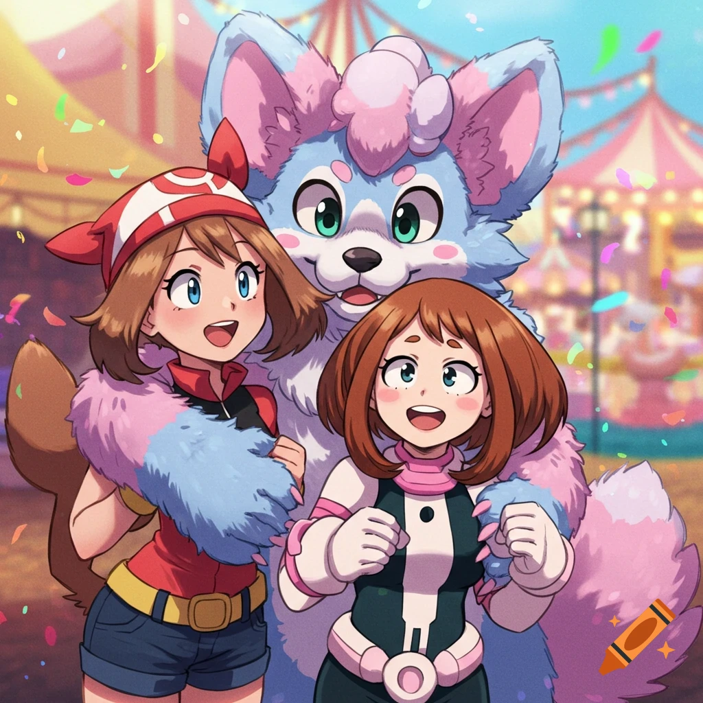 May from Pokémon and Ochaco Uraraka from My Hero Academia embracing a large blue and pink furry at a lively carnival.