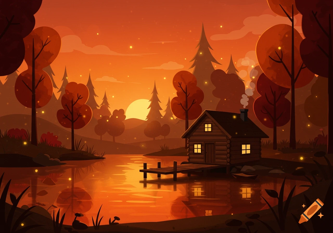 A cozy wooden cabin by a calm lake at sunset, surrounded by glowing autumn trees and fireflies, in a digital illustration style.