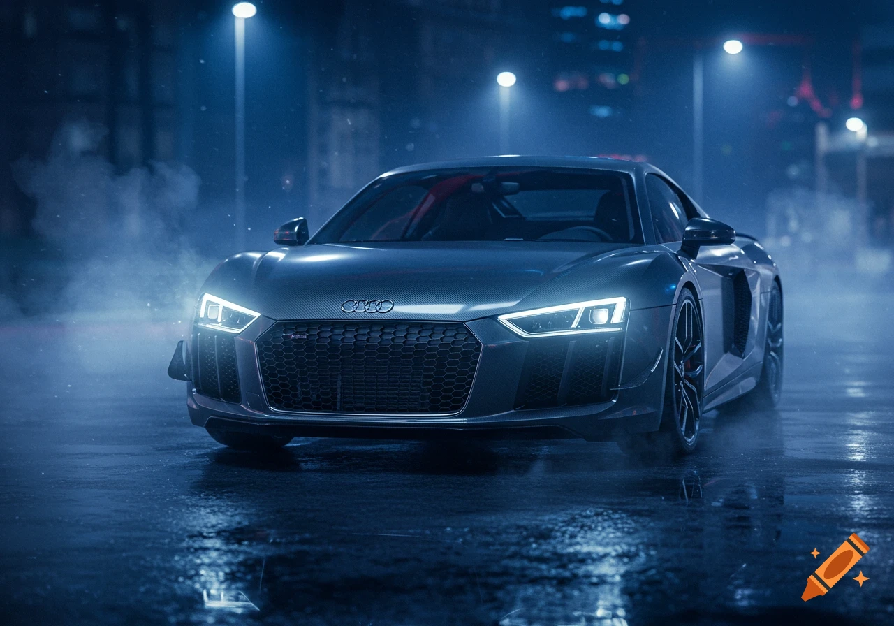 A dark grey Audi R8 sports car with carbon panels parked on a wet street at night, illuminated by bright headlights.