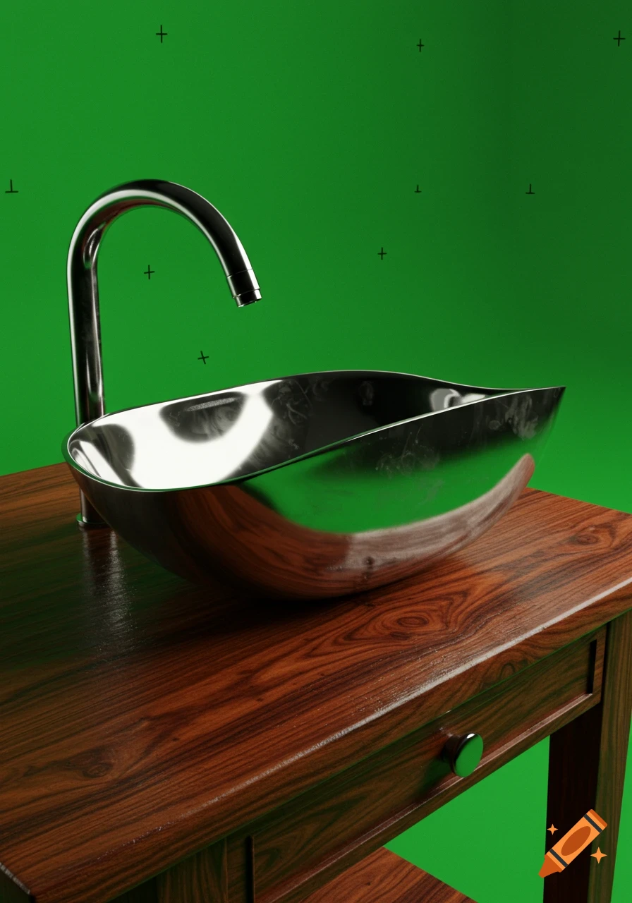 A shiny metallic basin with a faucet on a detailed wooden table against a green screen backdrop with tracking markers.