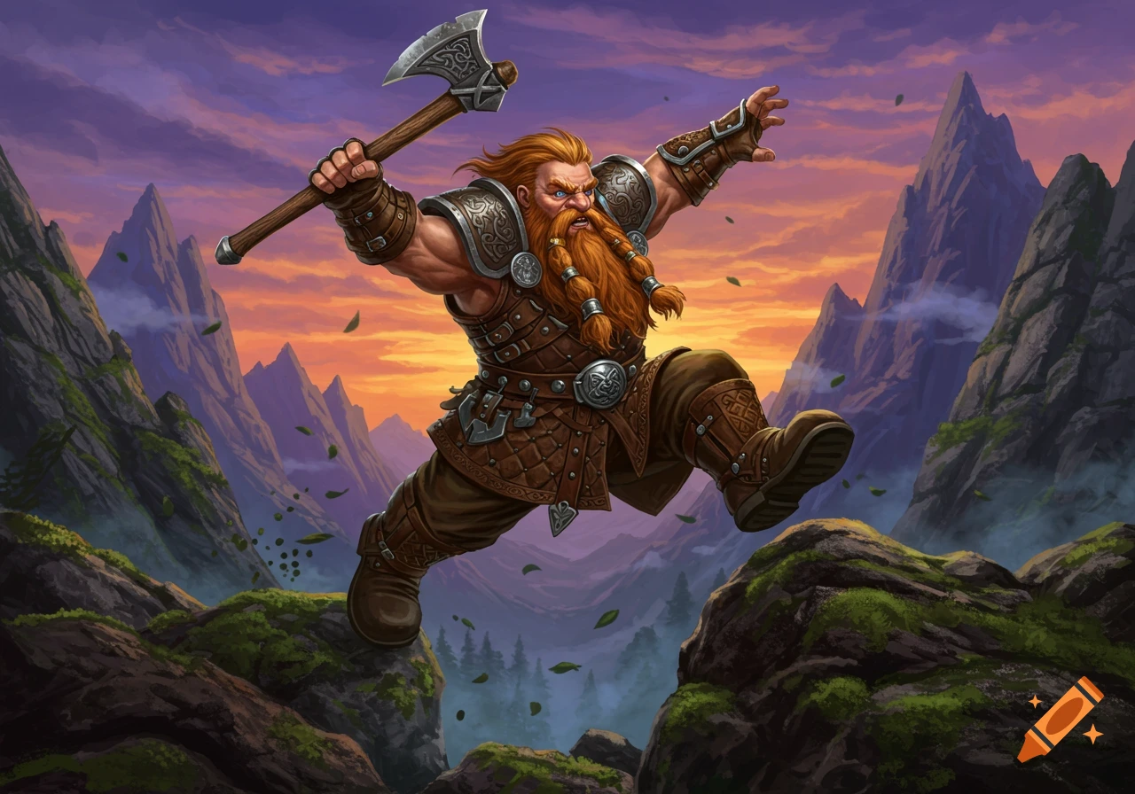 An agile dwarf warrior with a red beard and axe leaps over mossy rocks in a vibrant mountainous sunset landscape. Detailed illustration.