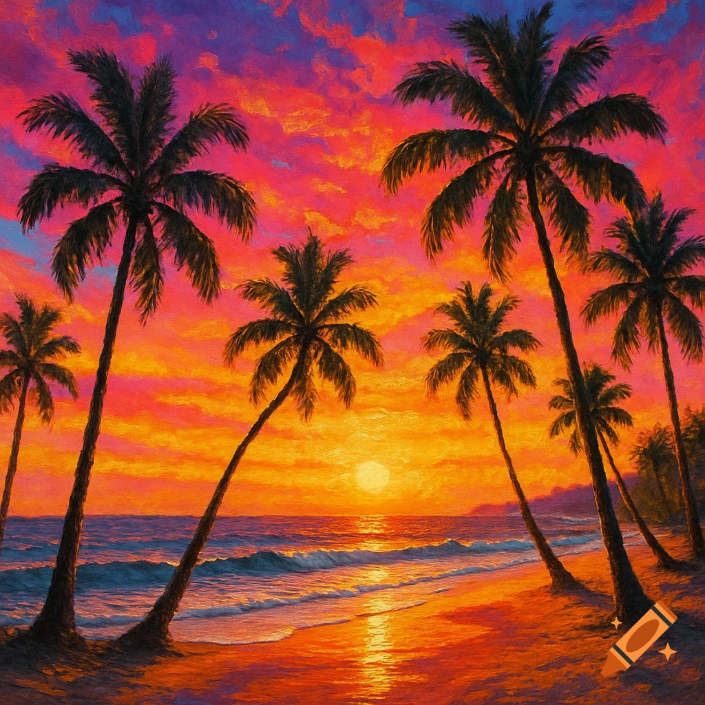 Vibrant digital painting of a tropical beach at sunset with silhouetted palm trees and colorful sky.