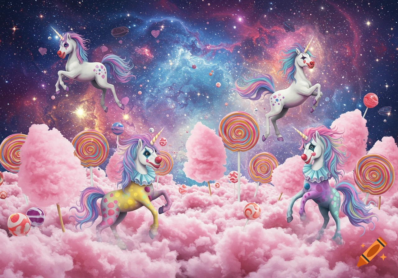 Rainbow clown unicorns float among pink clouds and lollipops, under a vibrant starry galaxy.