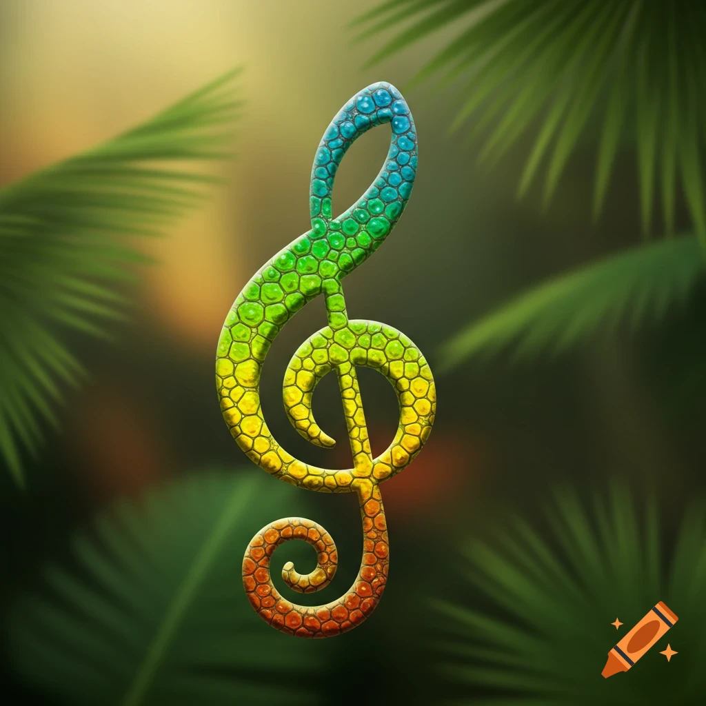 A vibrant, iridescent treble clef with a bumpy chameleon skin texture against a blurred green tropical leaf background.