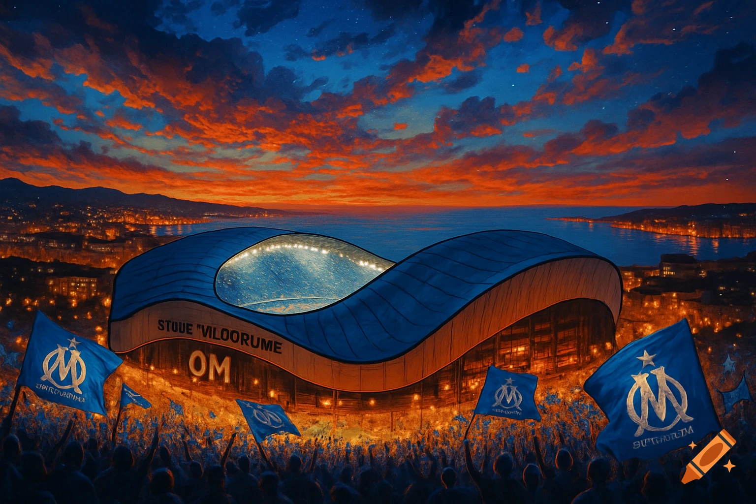 A vibrant, painterly image of a large, blue stadium with "OM" and misspelled text on its facade, surrounded by a crowd waving blue flags, against an orange and blue sunset sky over a city and ocean.