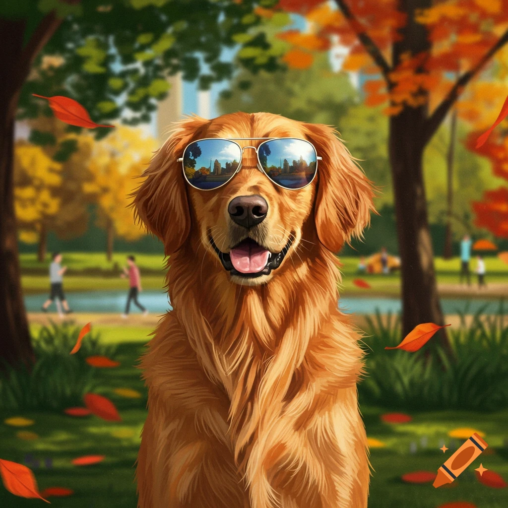 A smiling golden retriever wears mirrored sunglasses in an autumn park with falling red leaves and blurred background figures.