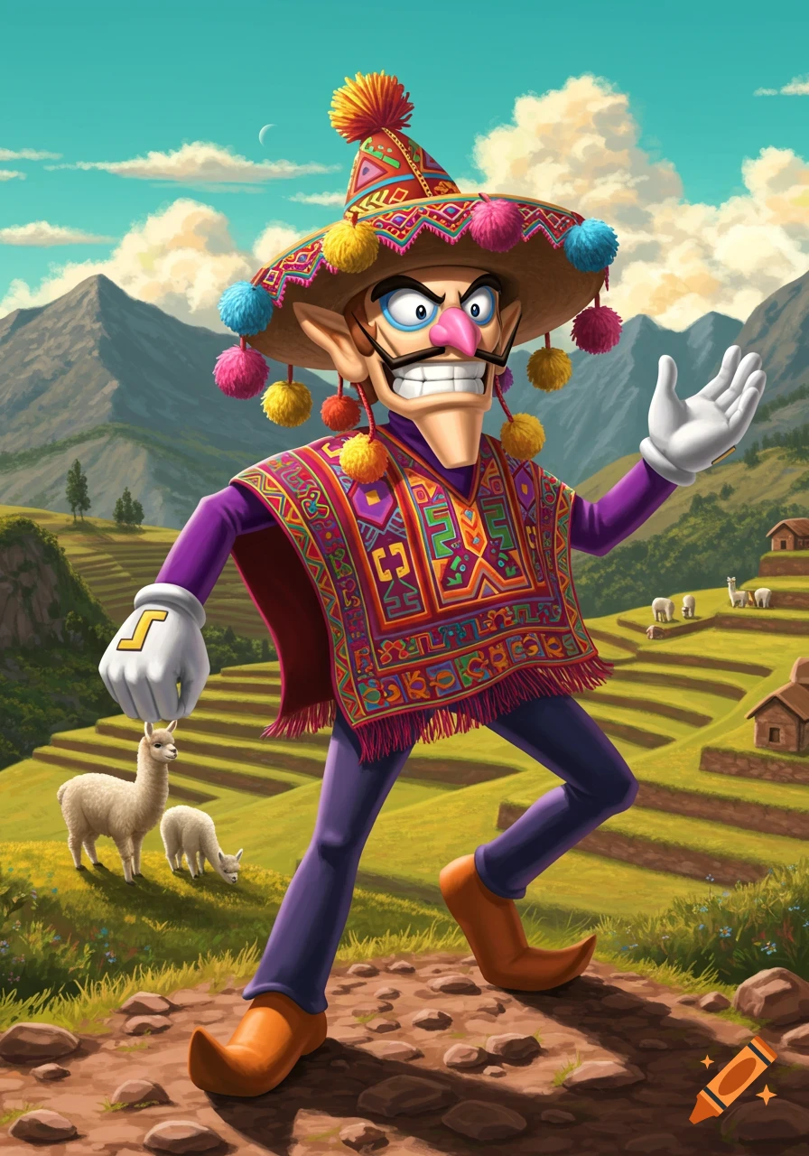 Waluigi in a vibrant Peruvian poncho and sombrero walks on a mountain path with llamas and terraced fields. Cartoon style.