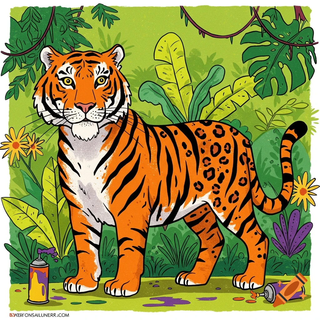 A cartoon tiger with stripes and leopard spots stands in a vibrant jungle, with spray paint cans on the ground.